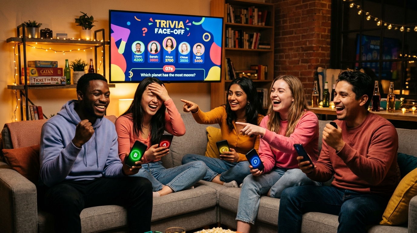 Grupa przyjaciół śmiejących się na kanapie i grających w Party Quiz telefonami przed telewizorem